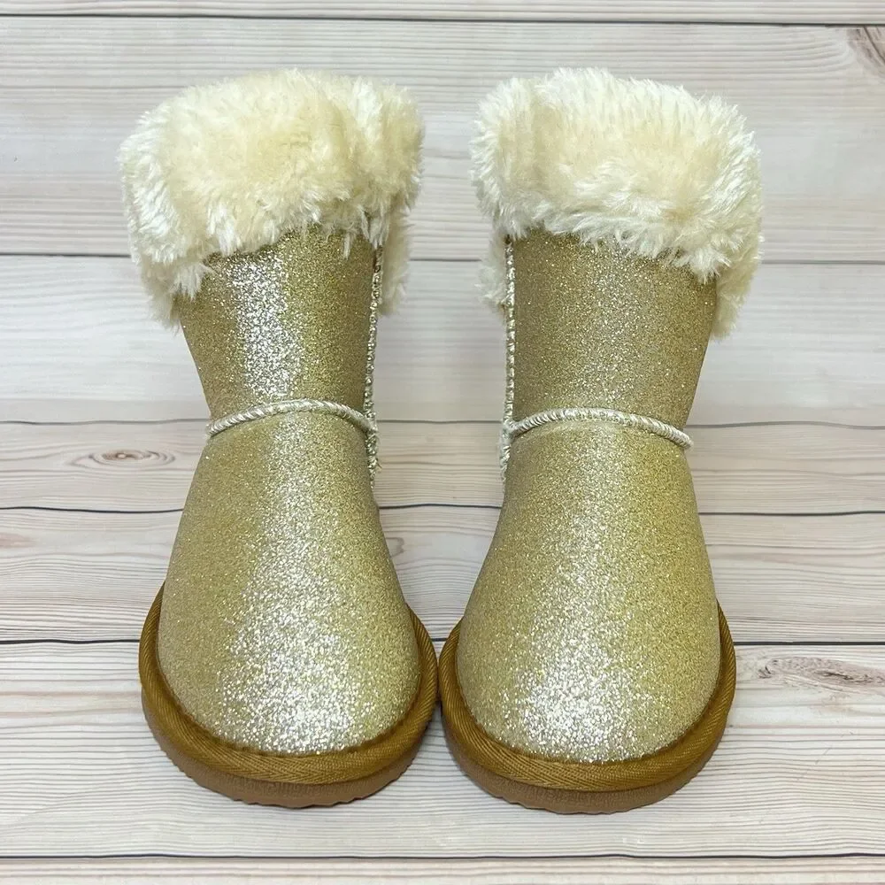 Lamo APRES Youth Winter Boots Girls 2Y Glitter Gold Slip-On Faux Fur Wrap Cuff
